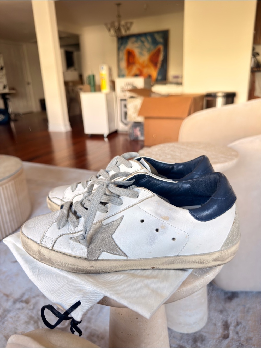 Golden Goose White Leather Sneakers with Navy Heel and Silver Star